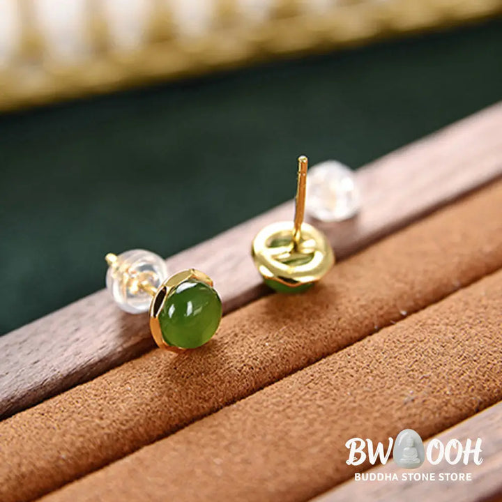 Buddha Stones 925 Sterling Silver Plated Gold Natural Hetian Cyan Jade Bead Luck Stud Earrings - Hetian Cyan