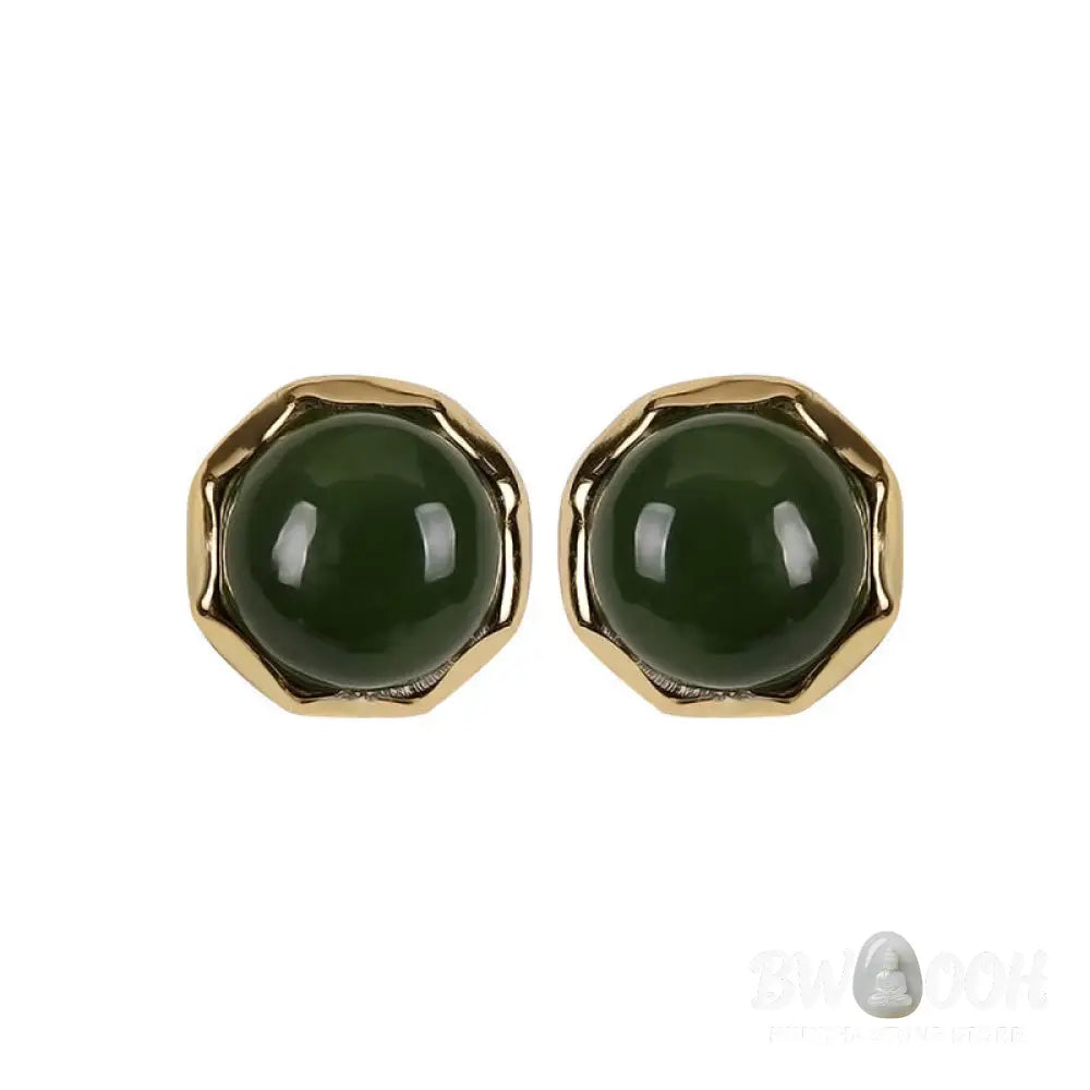 Buddha Stones 925 Sterling Silver Plated Gold Natural Hetian Cyan Jade Bead Luck Stud Earrings - Hetian Cyan