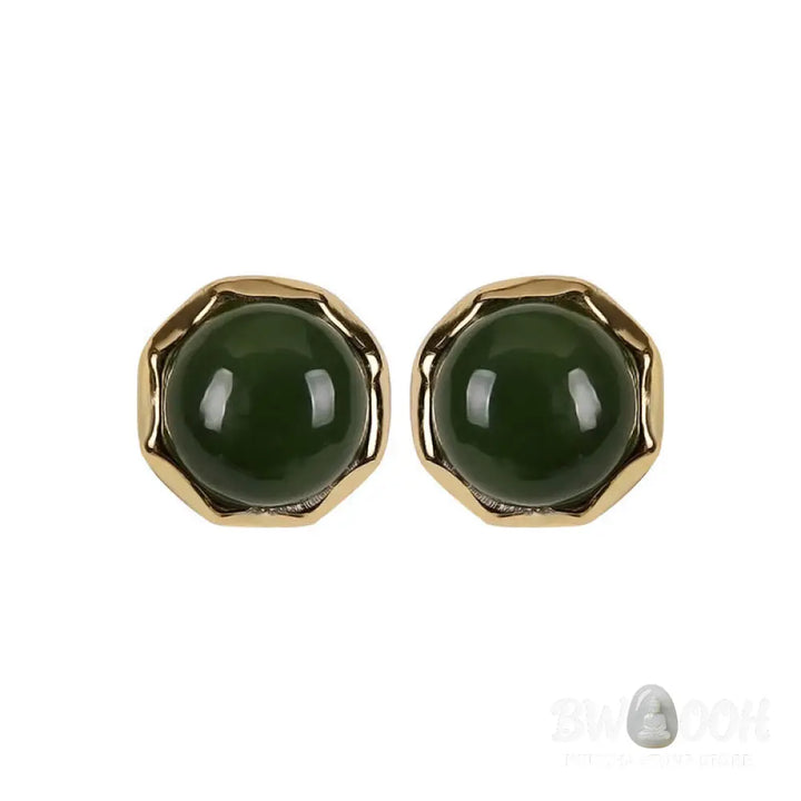 Buddha Stones 925 Sterling Silver Plated Gold Natural Hetian Cyan Jade Bead Luck Stud Earrings - Hetian Cyan