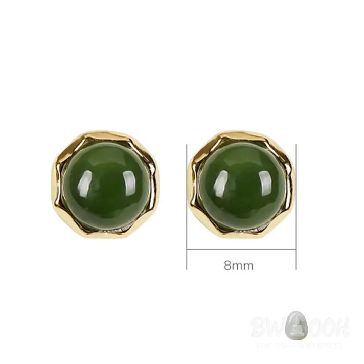 Buddha Stones 925 Sterling Silver Plated Gold Natural Hetian Cyan Jade Bead Luck Stud Earrings - Hetian Cyan