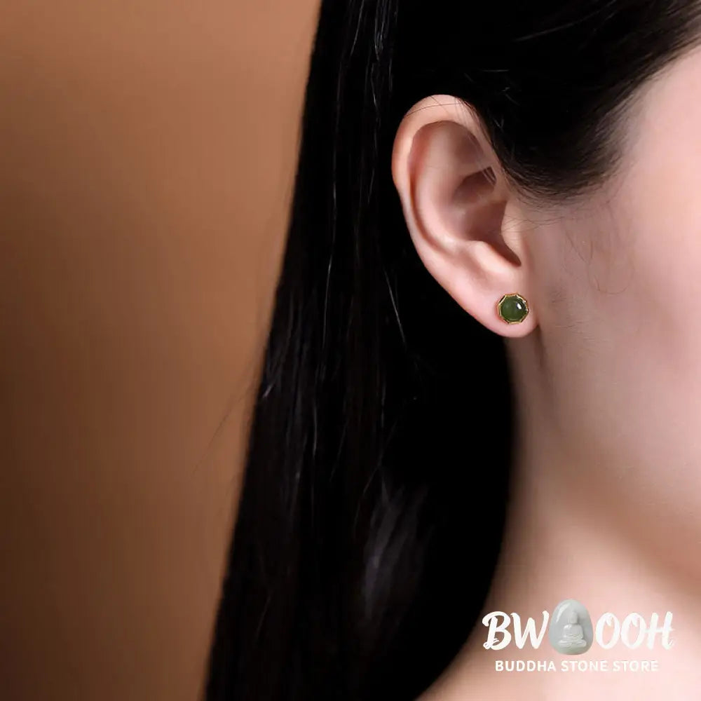 Buddha Stones 925 Sterling Silver Plated Gold Natural Hetian Cyan Jade Bead Luck Stud Earrings - Hetian Cyan