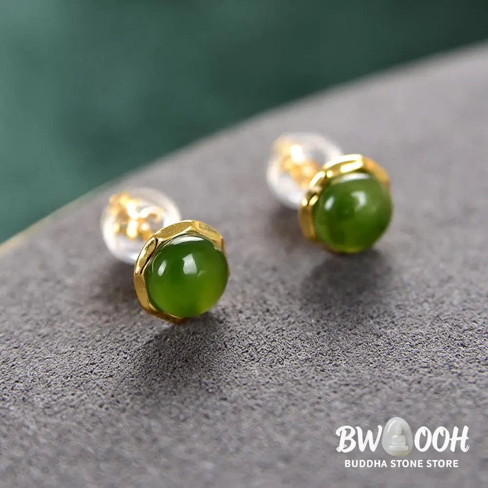 Buddha Stones 925 Sterling Silver Plated Gold Natural Hetian Cyan Jade Bead Luck Stud Earrings - Hetian Cyan