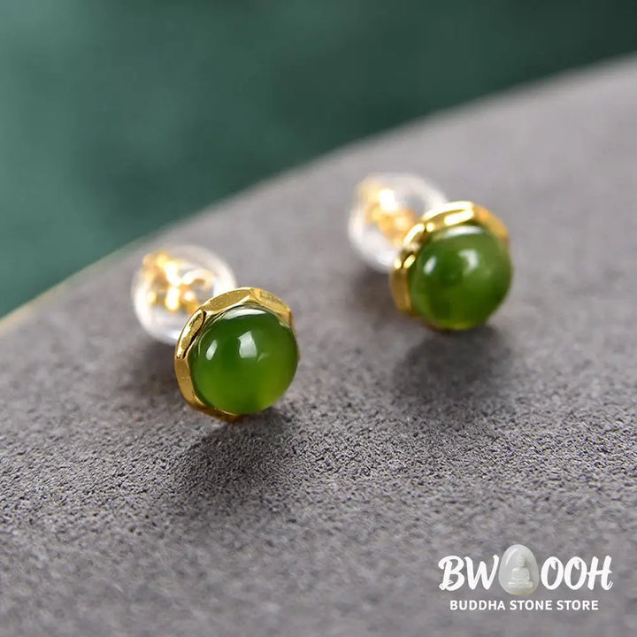 Buddha Stones 925 Sterling Silver Plated Gold Natural Hetian Cyan Jade Bead Luck Stud Earrings - Hetian Cyan