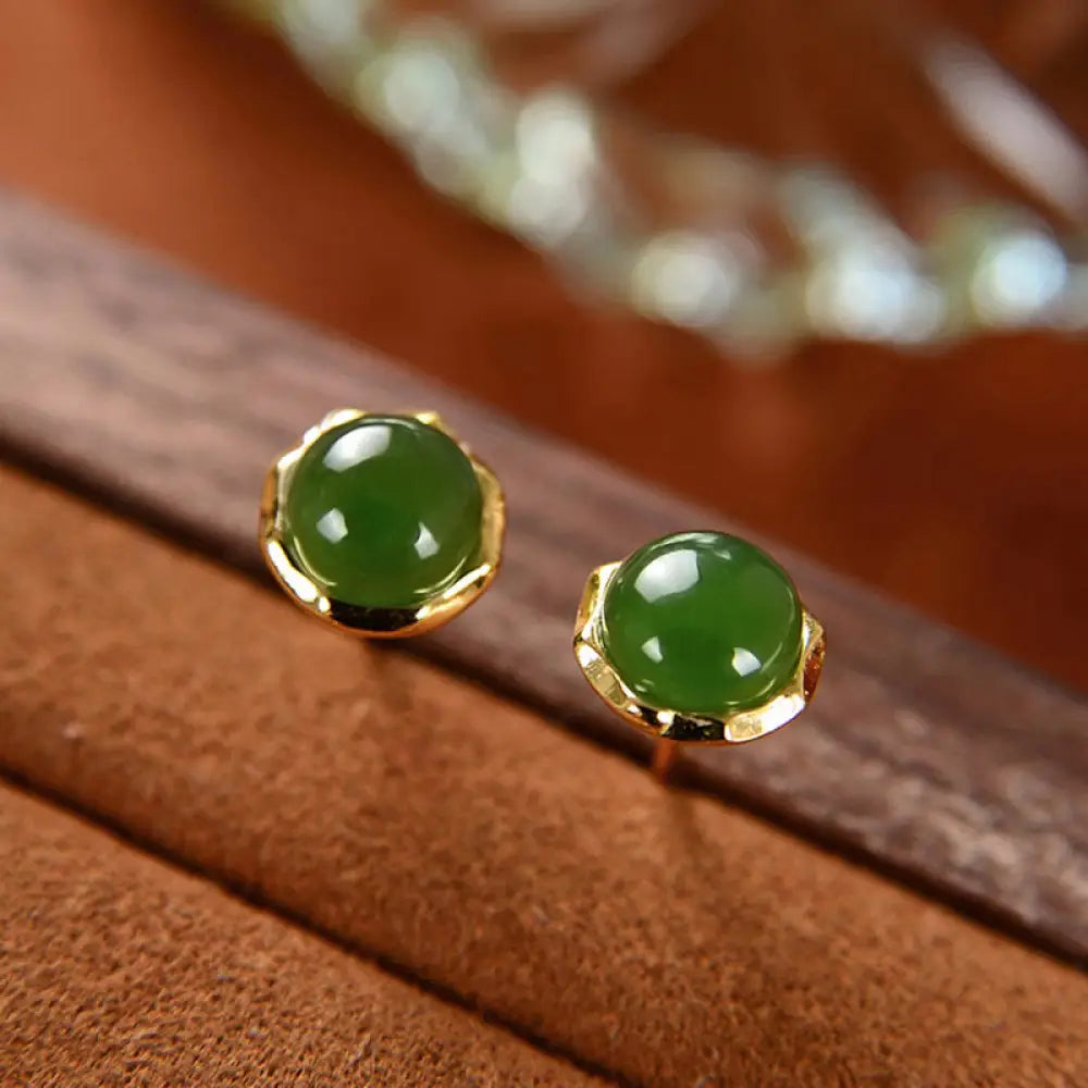 BWOOOH 925 Sterling Silver Plated Gold Natural Hetian Cyan Jade Bead Luck Stud Earrings — Sterling Silver jade bracelet fo...