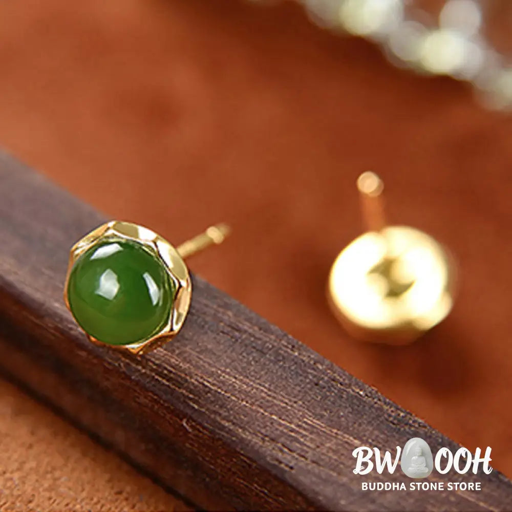 Buddha Stones 925 Sterling Silver Plated Gold Natural Hetian Cyan Jade Bead Luck Stud Earrings - Hetian Cyan