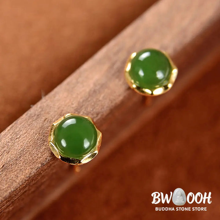 Buddha Stones 925 Sterling Silver Plated Gold Natural Hetian Cyan Jade Bead Luck Stud Earrings - Hetian Cyan