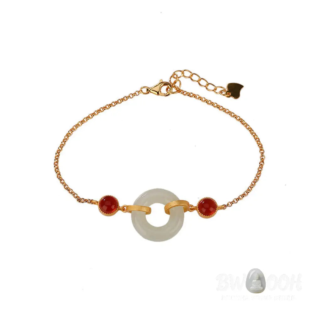 Buddha Stones 925 Sterling Silver Plated Gold Natural Hetian Jade Peace Buckle Red Agate Luck Bracelet - BWOOOH