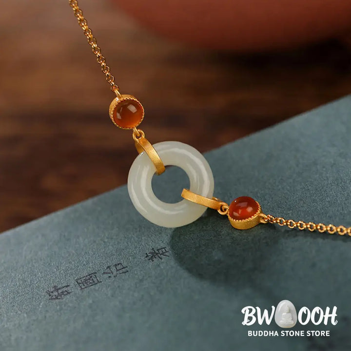 Buddha Stones 925 Sterling Silver Plated Gold Natural Hetian Jade Peace Buckle Red Agate Luck Bracelet - BWOOOH