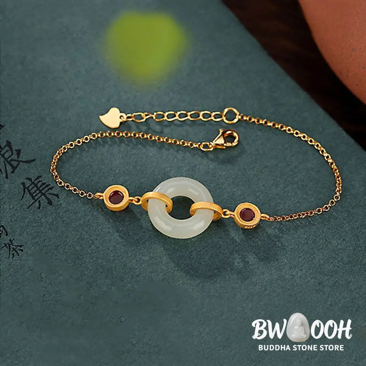 Buddha Stones 925 Sterling Silver Plated Gold Natural Hetian Jade Peace Buckle Red Agate Luck Bracelet - BWOOOH