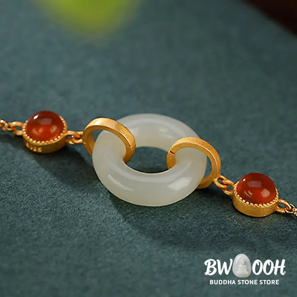 Buddha Stones 925 Sterling Silver Plated Gold Natural Hetian Jade Peace Buckle Red Agate Luck Bracelet - BWOOOH