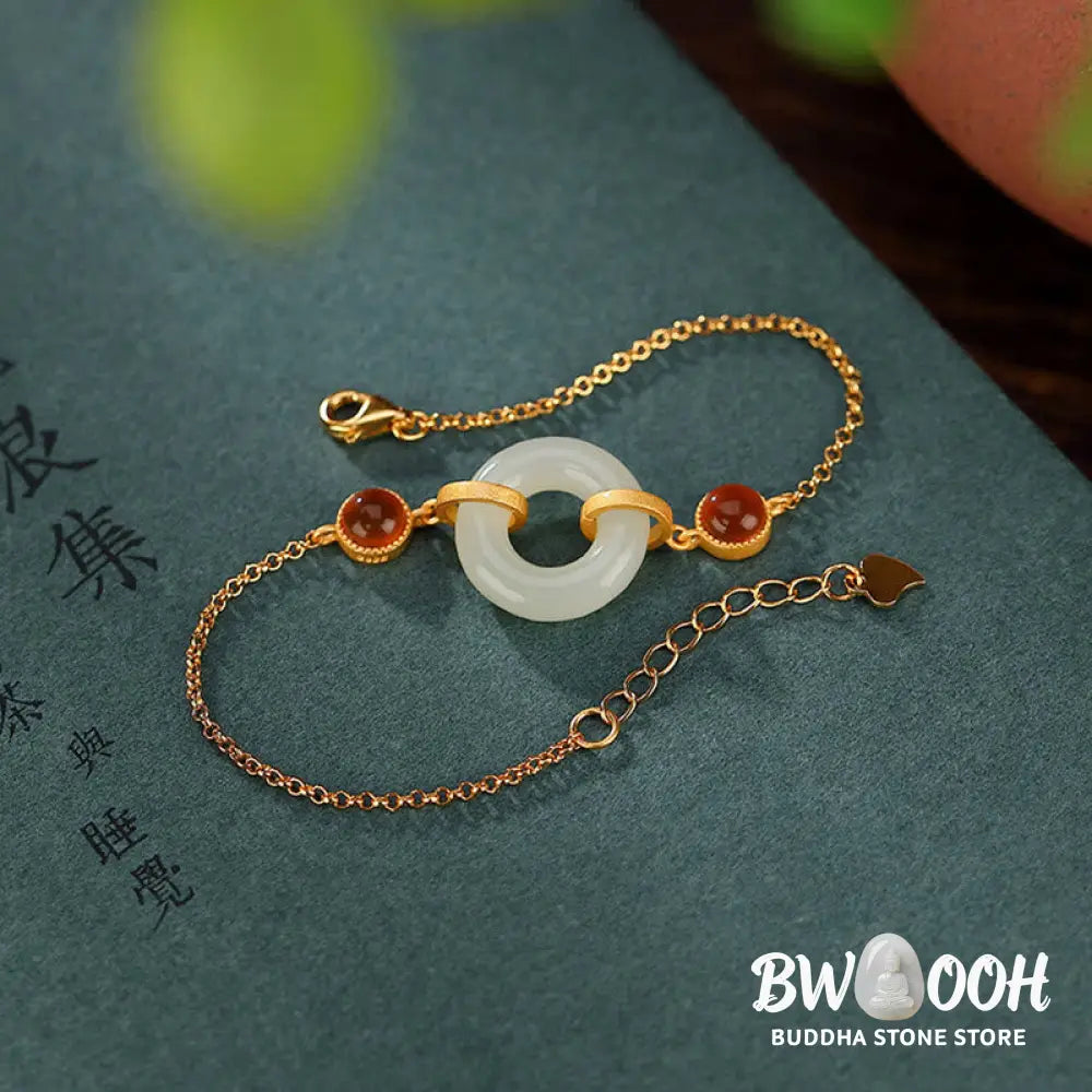 Buddha Stones 925 Sterling Silver Plated Gold Natural Hetian Jade Peace Buckle Red Agate Luck Bracelet - BWOOOH