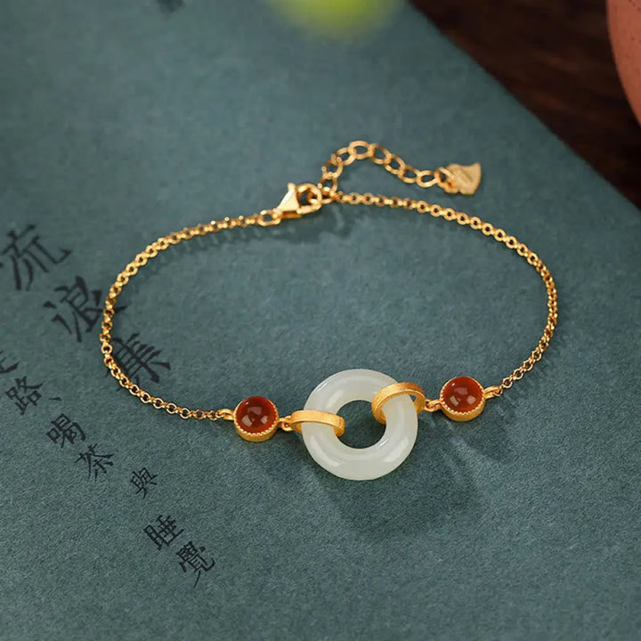 BWOOOH 925 Sterling Silver Plated Gold Natural Hetian Jade Peace Buckle Red Agate Luck Bracelet - BWOOOH