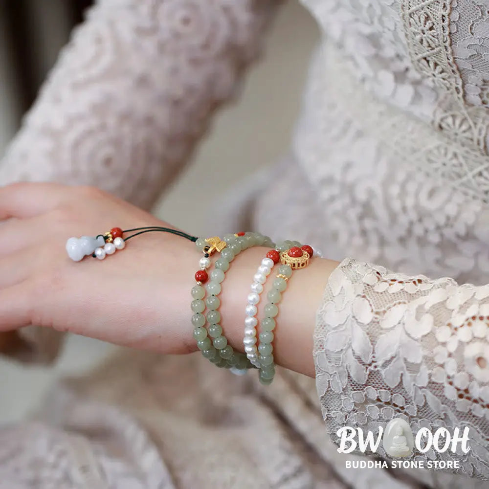 Buddha Stones 925 Sterling Silver Plated Gold Natural Hetian Jade Pearl Butterfly Gourd Luck Bracelet - BWOOOH - Hetian