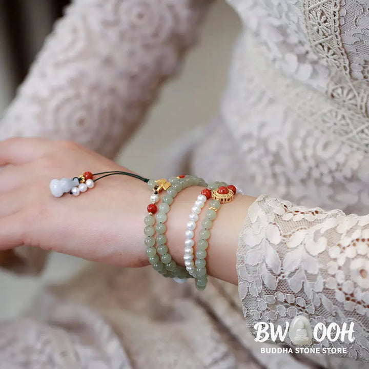 Buddha Stones 925 Sterling Silver Plated Gold Natural Hetian Jade Pearl Butterfly Gourd Luck Bracelet - BWOOOH - Hetian