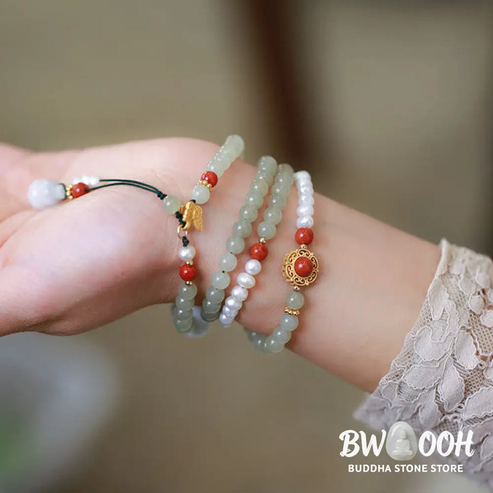 Buddha Stones 925 Sterling Silver Plated Gold Natural Hetian Jade Pearl Butterfly Gourd Luck Bracelet - BWOOOH - Hetian