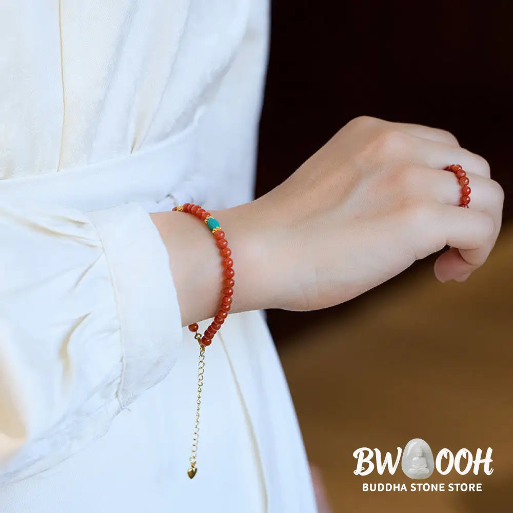 Buddha Stones 925 Sterling Silver Plated Gold Natural Red Agate Turquoise Confidence Bracelet Necklace Pendant Ring Set