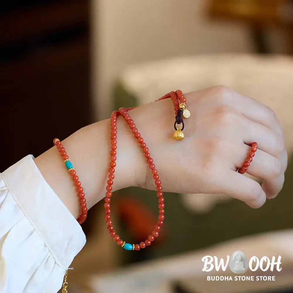 Buddha Stones 925 Sterling Silver Plated Gold Natural Red Agate Turquoise Confidence Bracelet Necklace Pendant Ring Set