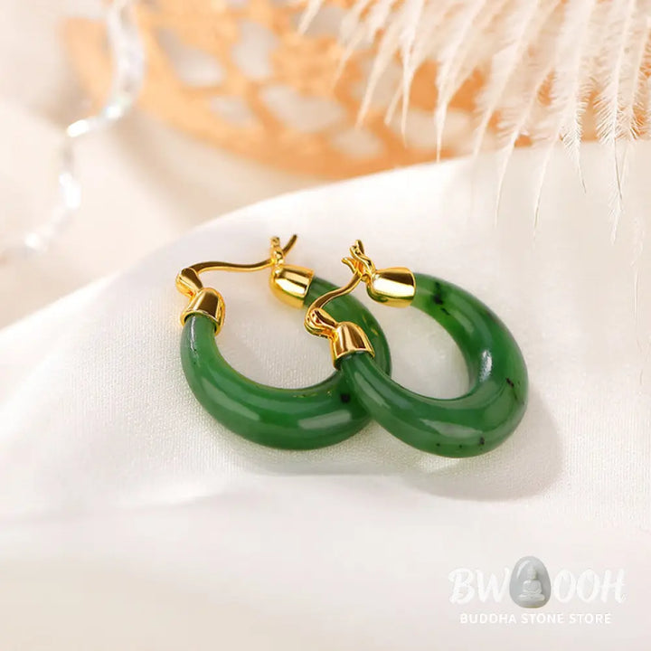 Buddha Stones 925 Sterling Silver Plated Gold Natural Round Hetian Cyan Jade Luck Drop Earrings - Hetian Cyan