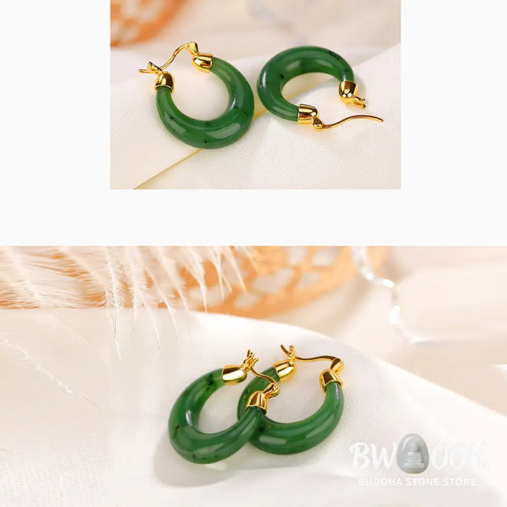 Buddha Stones 925 Sterling Silver Plated Gold Natural Round Hetian Cyan Jade Luck Drop Earrings - Hetian Cyan