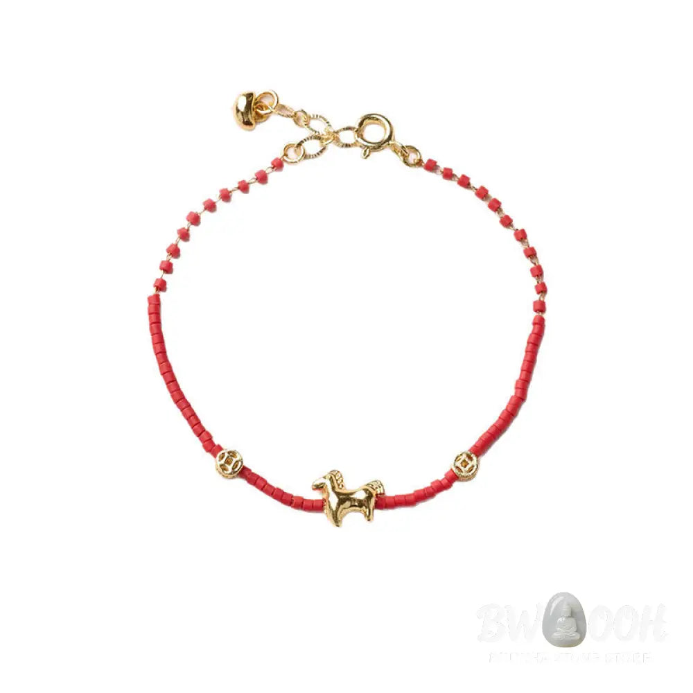Buddha Stones 925 Sterling Silver Plated Gold Year of the Horse Red Liuli Glass Prosperity Bracelet - Bracelet