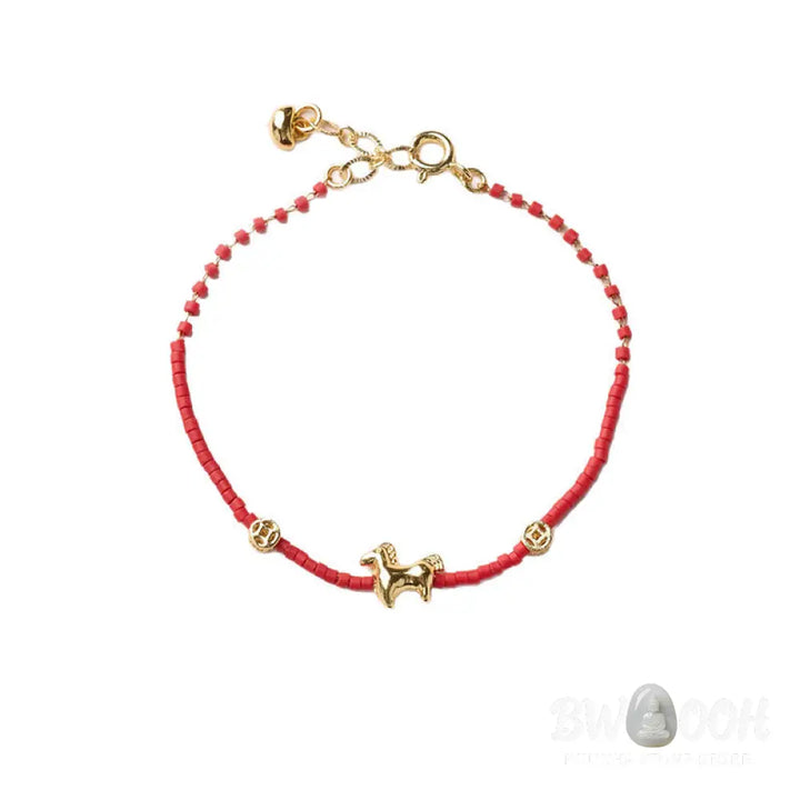 Buddha Stones 925 Sterling Silver Plated Gold Year of the Horse Red Liuli Glass Prosperity Bracelet - Bracelet
