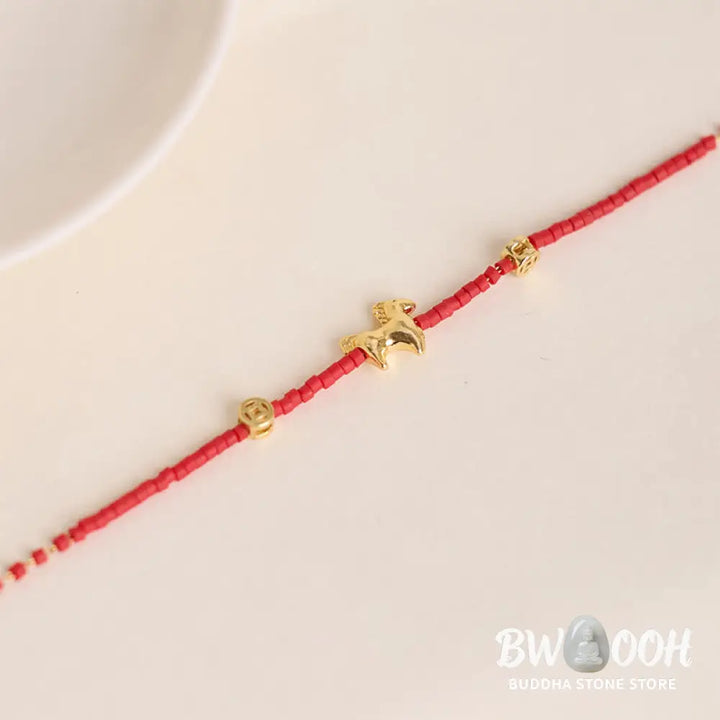 Buddha Stones 925 Sterling Silver Plated Gold Year of the Horse Red Liuli Glass Prosperity Bracelet - Bracelet