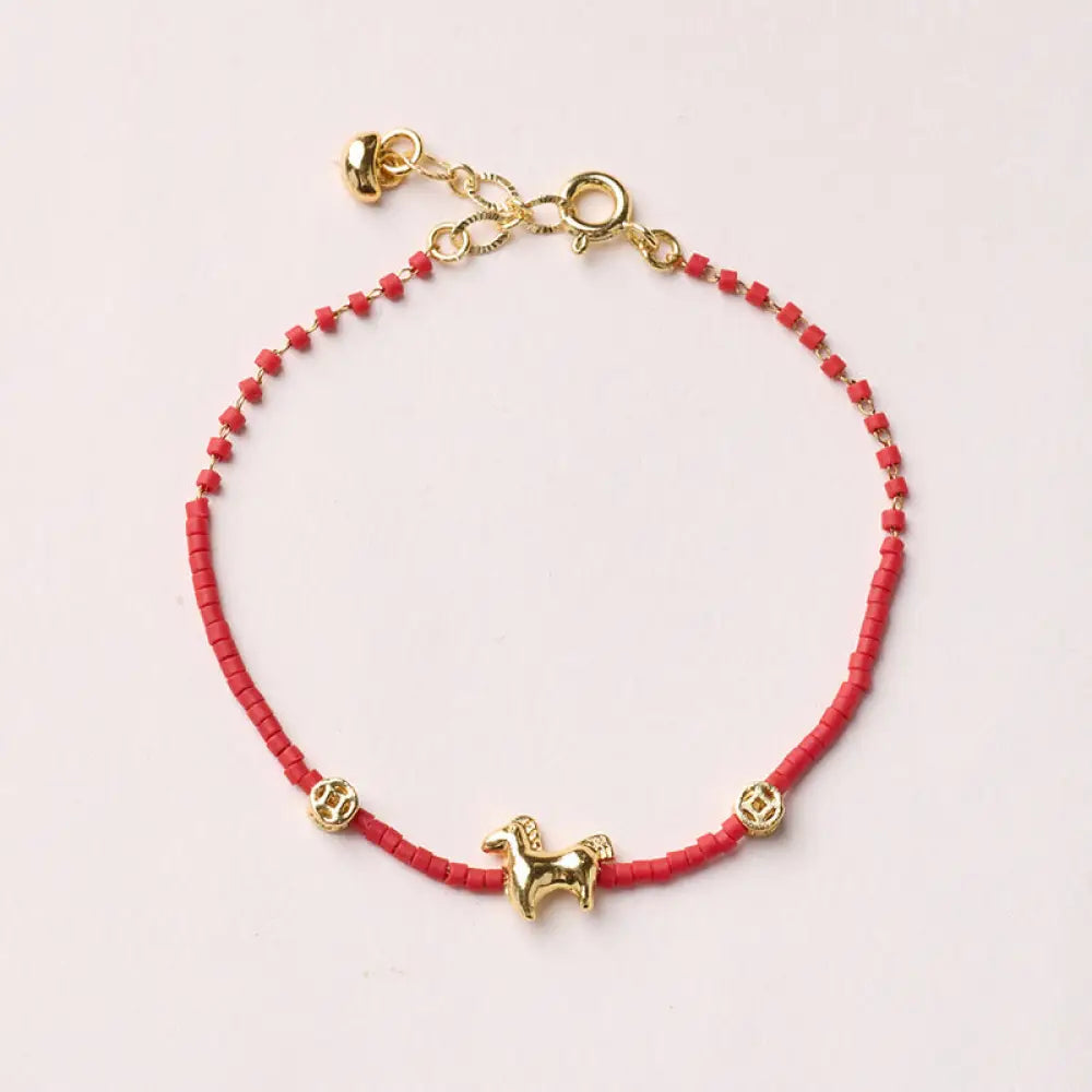 Buddha Stones 925 Sterling Silver Plated Gold Year of the Horse Red Liuli Glass Prosperity Bracelet - Horse Bracelet