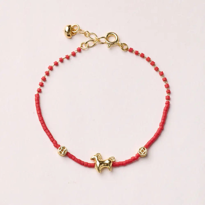 Buddha Stones 925 Sterling Silver Plated Gold Year of the Horse Red Liuli Glass Prosperity Bracelet - Horse Bracelet