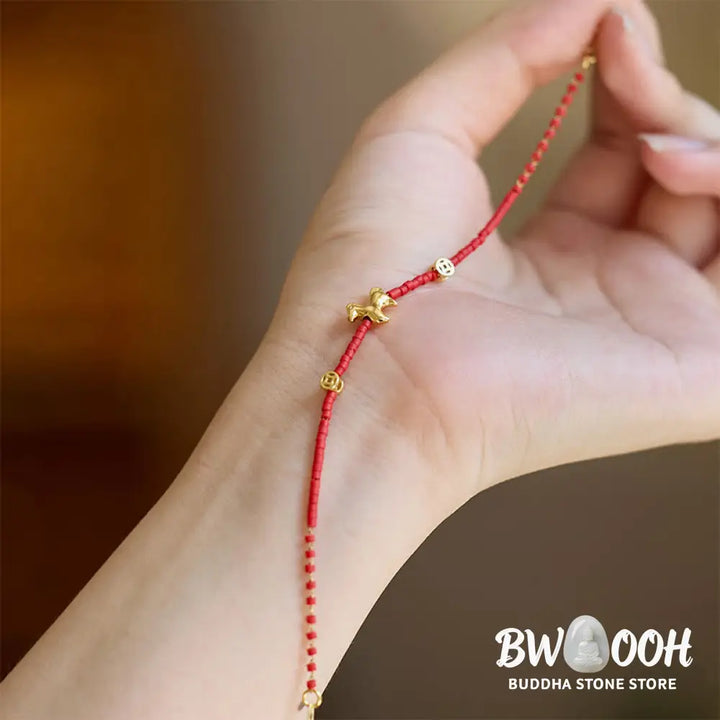 Buddha Stones 925 Sterling Silver Plated Gold Year of the Horse Red Liuli Glass Prosperity Bracelet - Bracelet