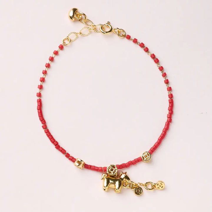 Buddha Stones 925 Sterling Silver Plated Gold Year of the Horse Red Liuli Glass Prosperity Bracelet - Horse Coin