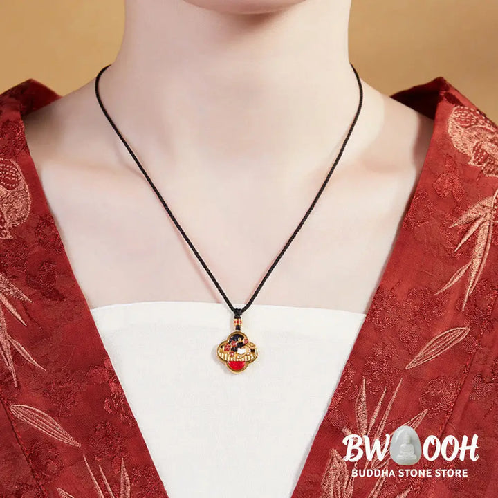 Buddha Stones 925 Sterling Silver Plum Blossom Cat Four Leaf Clover Blessing Necklace Pendant - BWOOOH - 925 Sterling