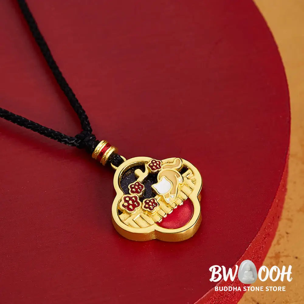 Buddha Stones 925 Sterling Silver Plum Blossom Cat Four Leaf Clover Blessing Necklace Pendant - BWOOOH - 925 Sterling