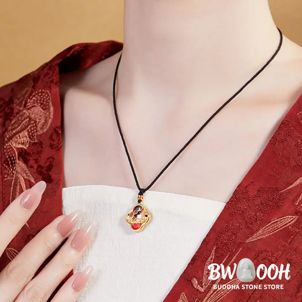 Buddha Stones 925 Sterling Silver Plum Blossom Cat Four Leaf Clover Blessing Necklace Pendant - BWOOOH - 925 Sterling