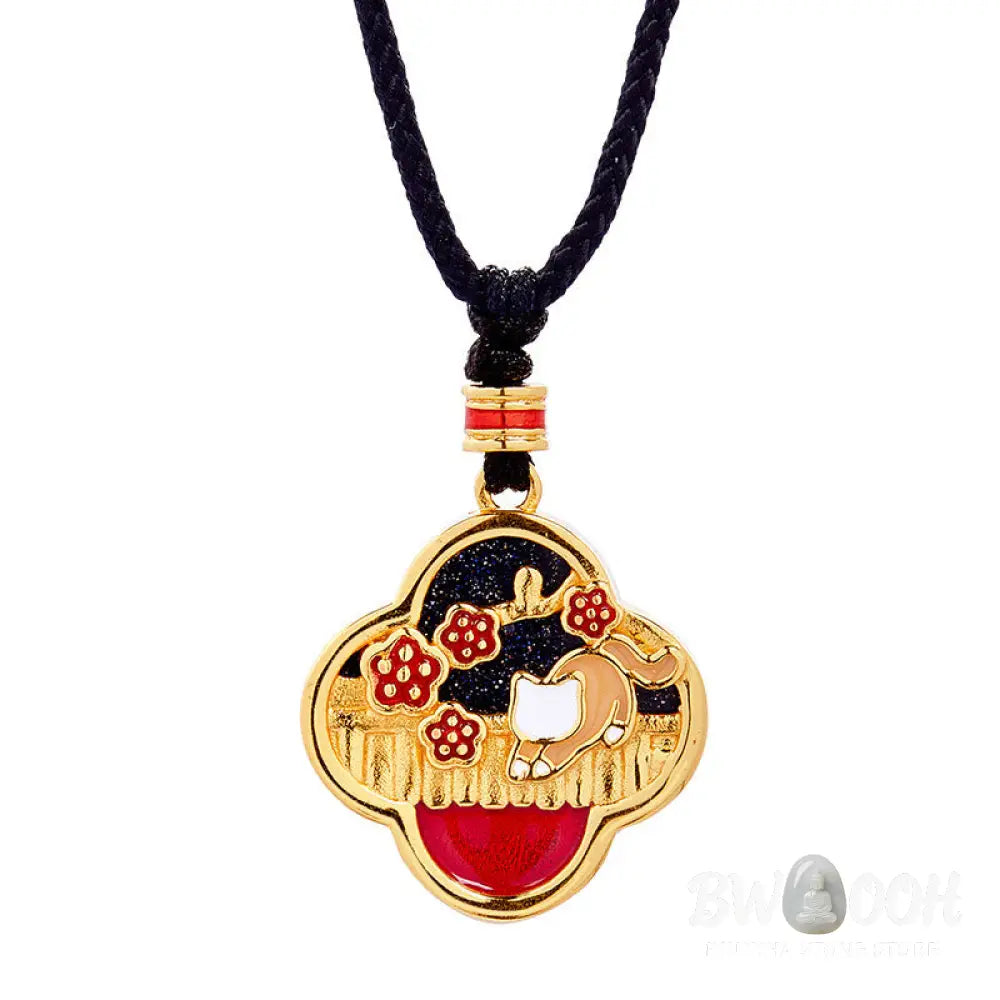 Buddha Stones 925 Sterling Silver Plum Blossom Cat Four Leaf Clover Blessing Necklace Pendant - BWOOOH - 925 Sterling