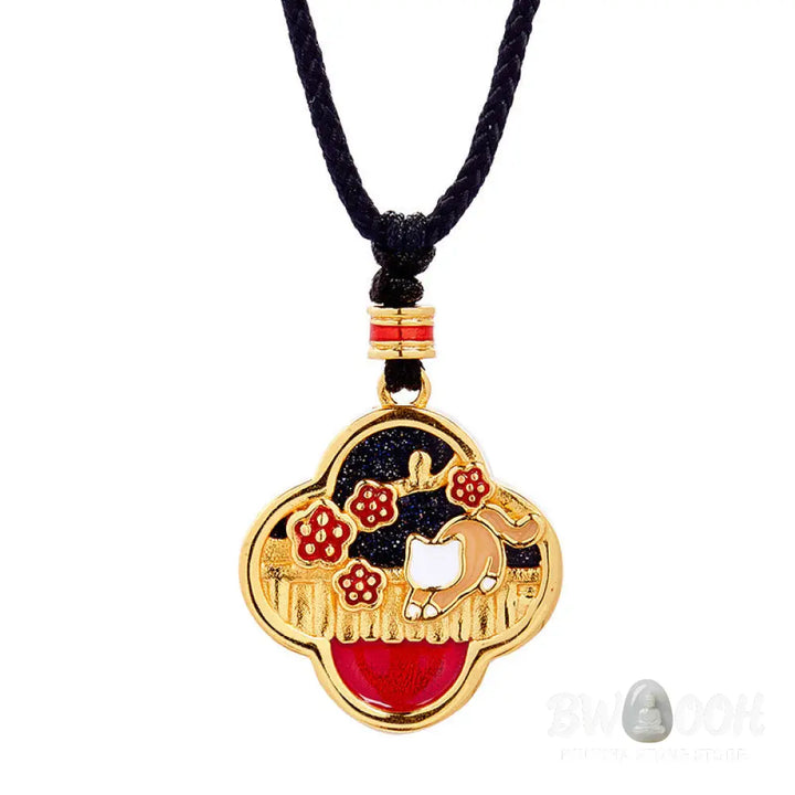 Buddha Stones 925 Sterling Silver Plum Blossom Cat Four Leaf Clover Blessing Necklace Pendant - BWOOOH - 925 Sterling