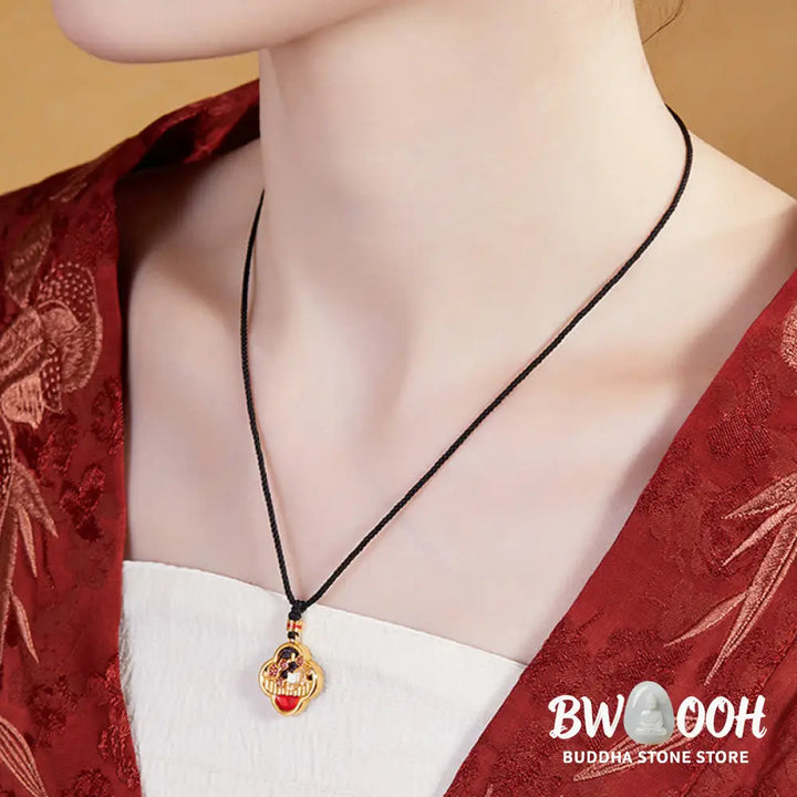 Buddha Stones 925 Sterling Silver Plum Blossom Cat Four Leaf Clover Blessing Necklace Pendant - BWOOOH - 925 Sterling