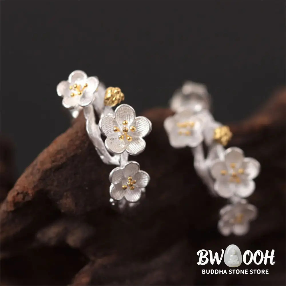 Buddha Stones 925 Sterling Silver Plum Blossom Floral Blessing Earrings - Earrings