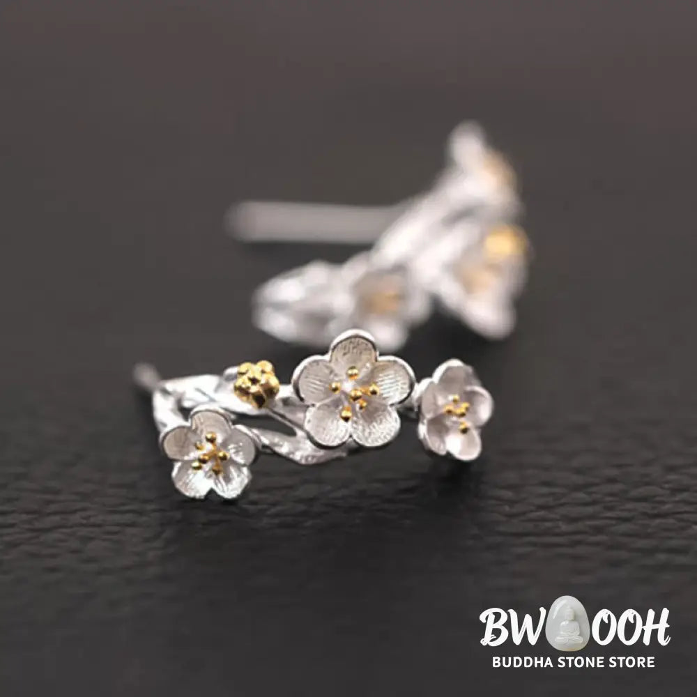 Buddha Stones 925 Sterling Silver Plum Blossom Floral Blessing Earrings - Earrings