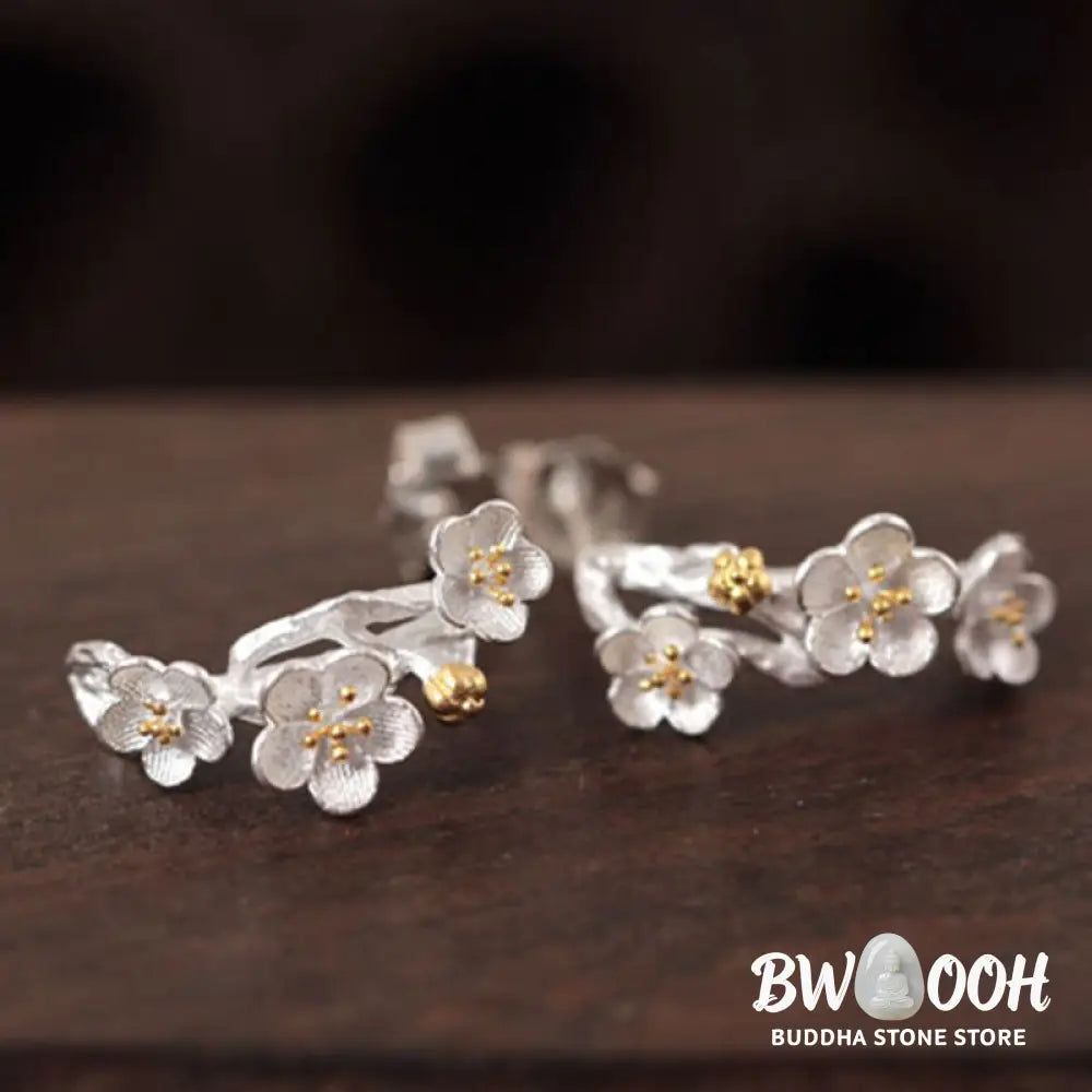 Buddha Stones 925 Sterling Silver Plum Blossom Floral Blessing Earrings - Earrings