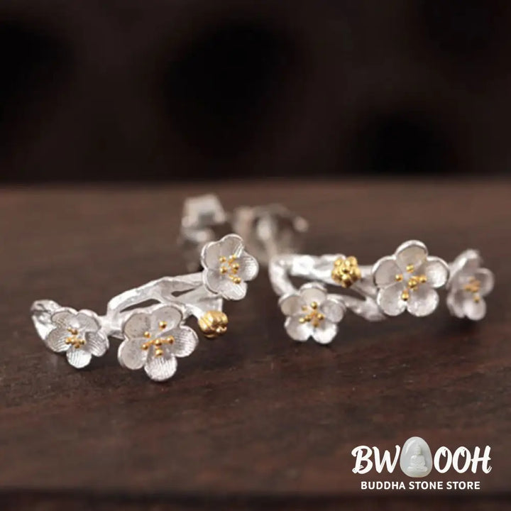 Buddha Stones 925 Sterling Silver Plum Blossom Floral Blessing Earrings - Earrings