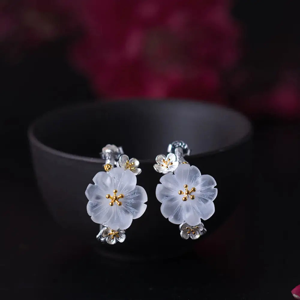 Buddha Stones 925 Sterling Silver Plum Blossom Floral Blessing Earrings - Crystal Plum Blossom - Earrings