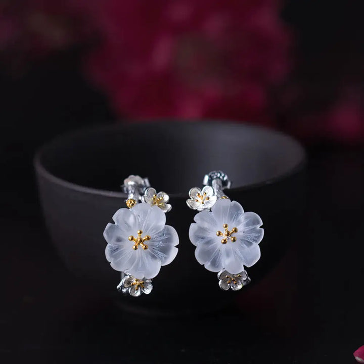 Buddha Stones 925 Sterling Silver Plum Blossom Floral Blessing Earrings - Crystal Plum Blossom - Earrings