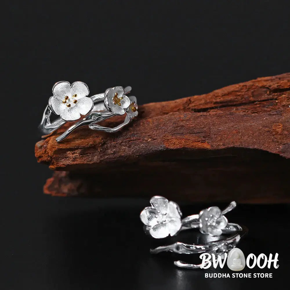 Buddha Stones 925 Sterling Silver Plum Bossom Balance Ring - Ring