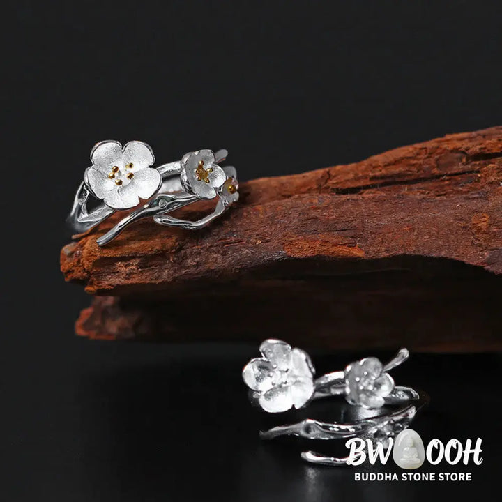 Buddha Stones 925 Sterling Silver Plum Bossom Balance Ring - Ring