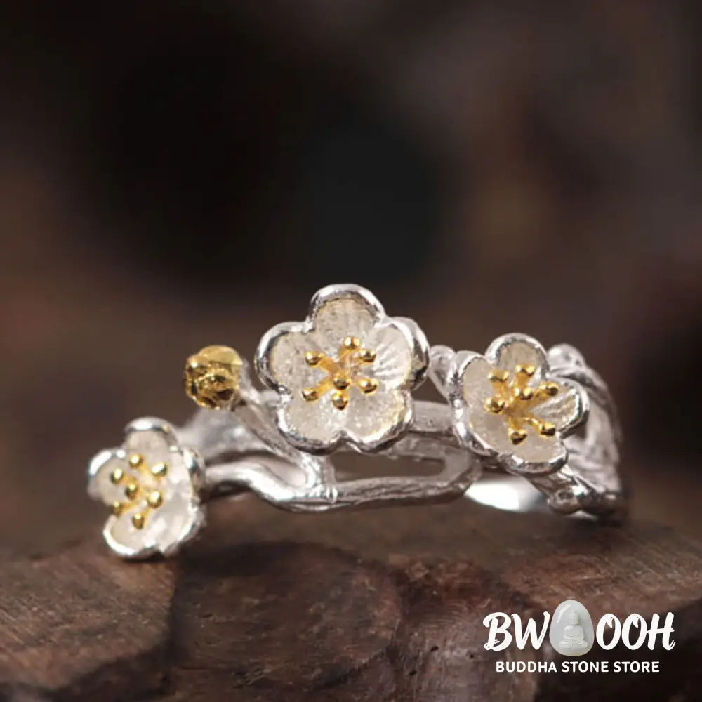 Buddha Stones 925 Sterling Silver Plum Bossom Calm Ring - Silver - Ring