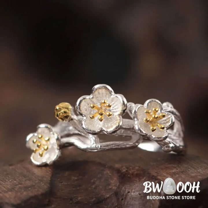 Buddha Stones 925 Sterling Silver Plum Bossom Calm Ring - Silver - Ring
