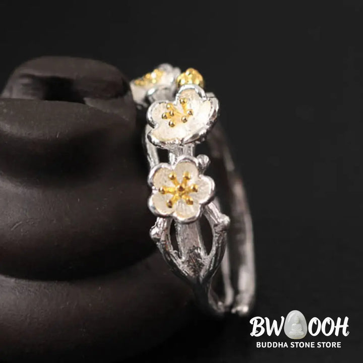 Buddha Stones 925 Sterling Silver Plum Bossom Calm Ring - Silver - Ring