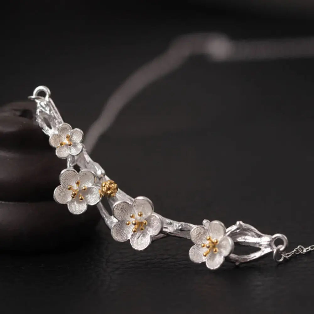 Buddha Stones 925 Sterling Silver Plum Bossom Protection Necklace Pendant - BWOOOH - 925 Sterling Silver Plum Bossom
