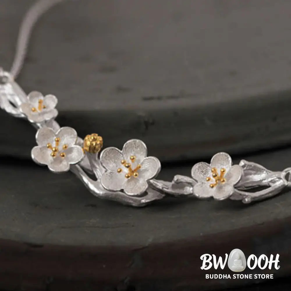 Buddha Stones 925 Sterling Silver Plum Bossom Protection Necklace Pendant - BWOOOH - 925 Sterling Silver Plum Bossom