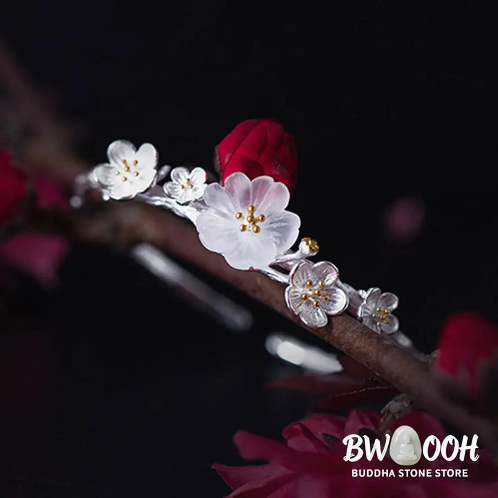 Buddha Stones 925 Sterling Silver Plum Flower Blessing Bracelet Adjustable Bangle - BWOOOH - Bracelet